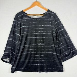 Pure J. Jill Women Black White Tie Dye Stripe Velour 3/4 Sleeve Blouse Top Large